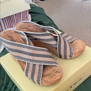 Lucky Brand Beige and Black Striped Cork Wedge Sandals